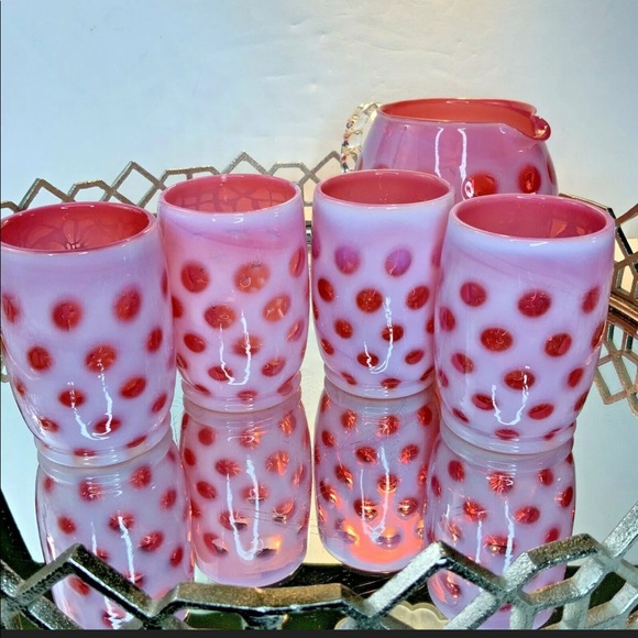 SOLD Fenton Cranberry Coin Dot Pitcher Tumblers - Picture 2 of 12